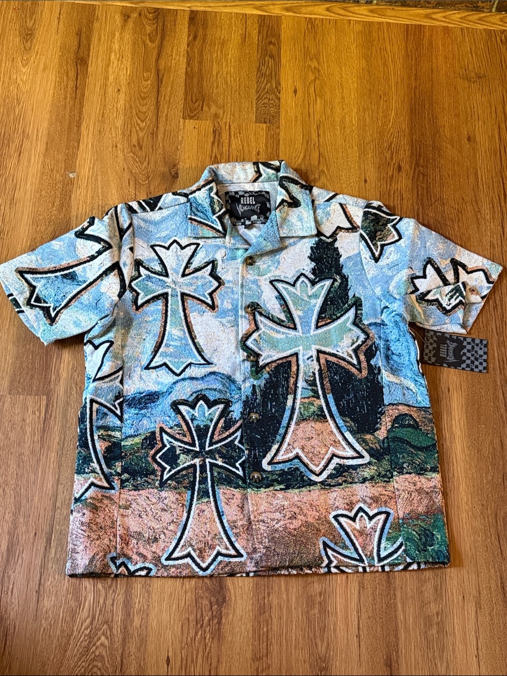rebels Short-Sleeve Button-Down Shirt in Blue, Tan & Black Cross Print